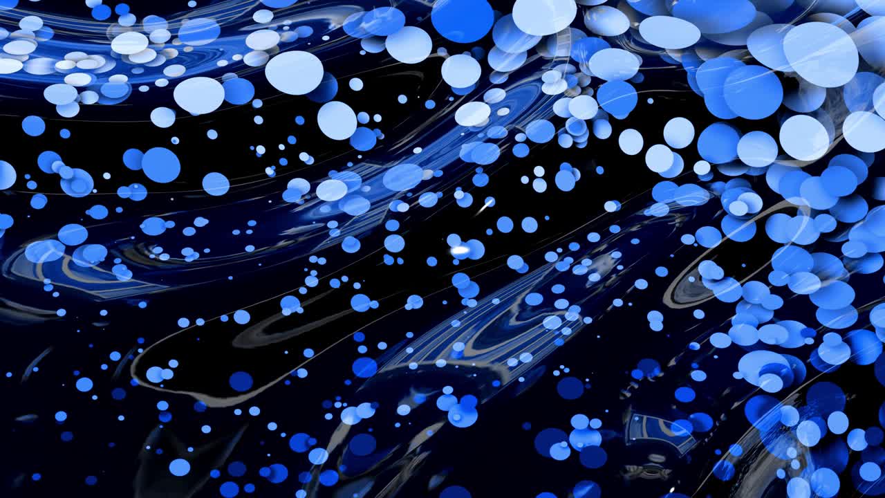 아름다운 추상적인 반이는 표면의 은 은 배경은 파란색 액체와 같은 파란색 물결과 함께 원은 기름에 페인트의 물방울처럼 떠 있습니다. 4k에서 파란색 색 gradient를 가진 창의적인 배경.