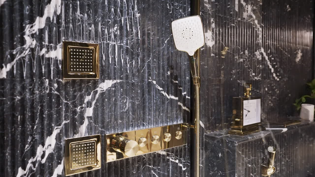 Premium stock video - Luxury brass gold bathroom fittings on fluted ... - Best Materials For Luxury Bathroom Vanities With Gold Hardware