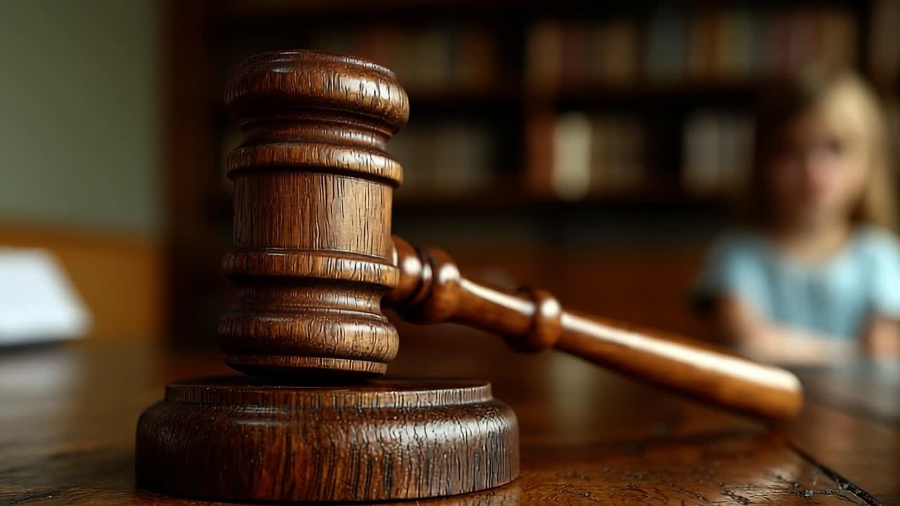 Courtroom setting with gavel and child. A wooden gavel rests on a desk in a courtroom while a child appears in the background, evoking a serious atmosphere.