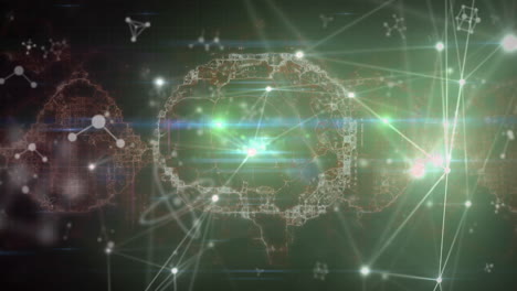 animation of dna strand and human brain spinning over network of connections