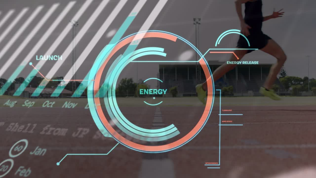 Animation of interface with data processing over mid section of male athlete running on sports field