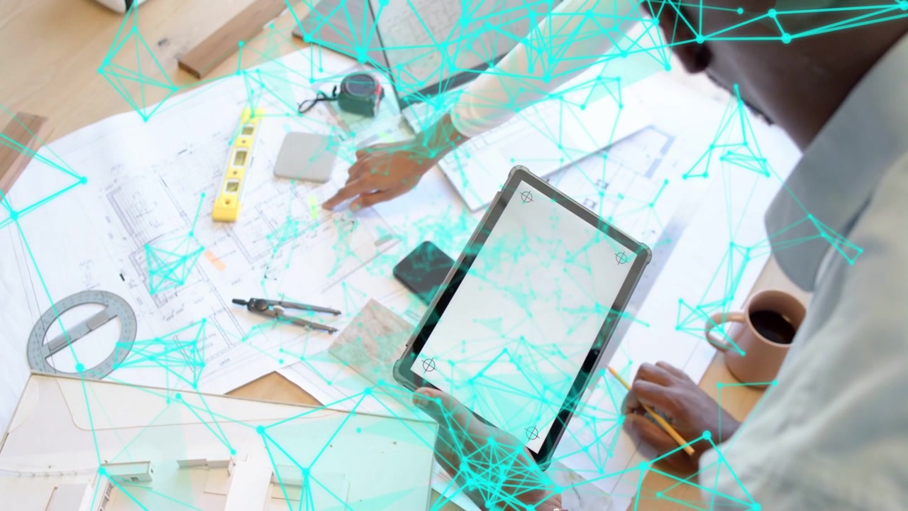 Vertical video: Female reaching plans man moving tablet aligning design with drifting blue overlay