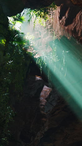 light beams through cave entrance in lush tropical forest