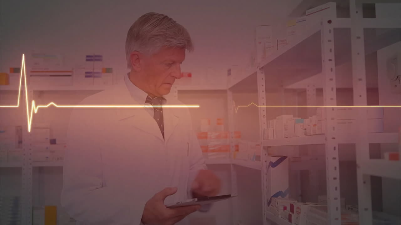Animation of cardiograph over caucasian male doctor using tablet