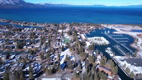 tahoe keys and lake tahoe on sunny winter day, california usa, drone aerial view