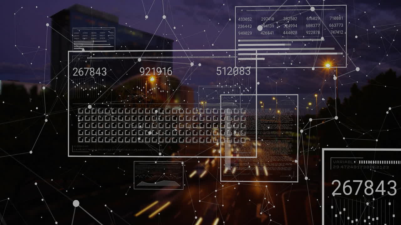Animazione di elaborazione dati finanziari e rete di connessioni su paesaggio urbano