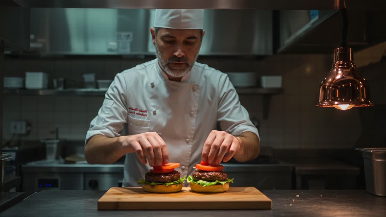 Expert Chef Artfully Assembles Gourmet Burgers with Fresh Ingredients and Precision in a Professional Kitchen Setting