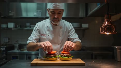 expert chef artfully assembles gourmet burgers with fresh ingredients and precision in a professional kitchen setting