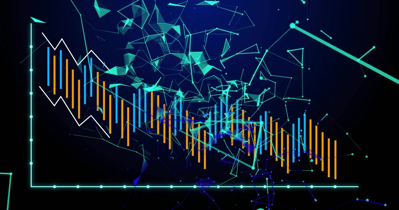 After drawing cyan axes orange bars rising right while teal network morphing showing data trends