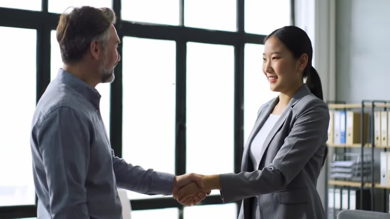 Business professionals engaging in a handshake, symbolizing agreement and collaboration, showcasing a moment of mutual respect and partnership in a modern office environment