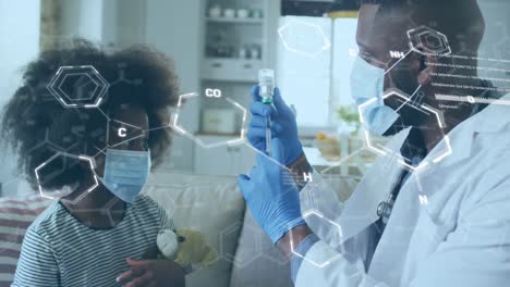 animation of chemical formula over african american doctor and patient