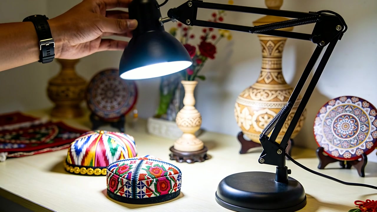 Hånd med ur rækker ind fra venstre og justerer en sort lampe på bordpladen, der belyser broderede kasketter.