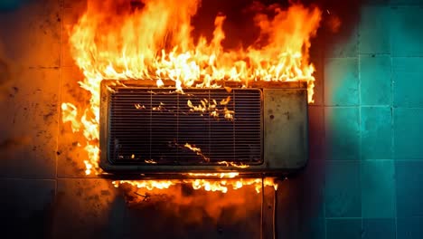 a burning air conditioner on fire in a tiled room