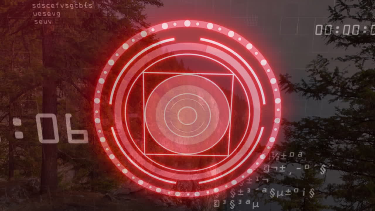 Red target animation over forest landscape with digital codes and timer