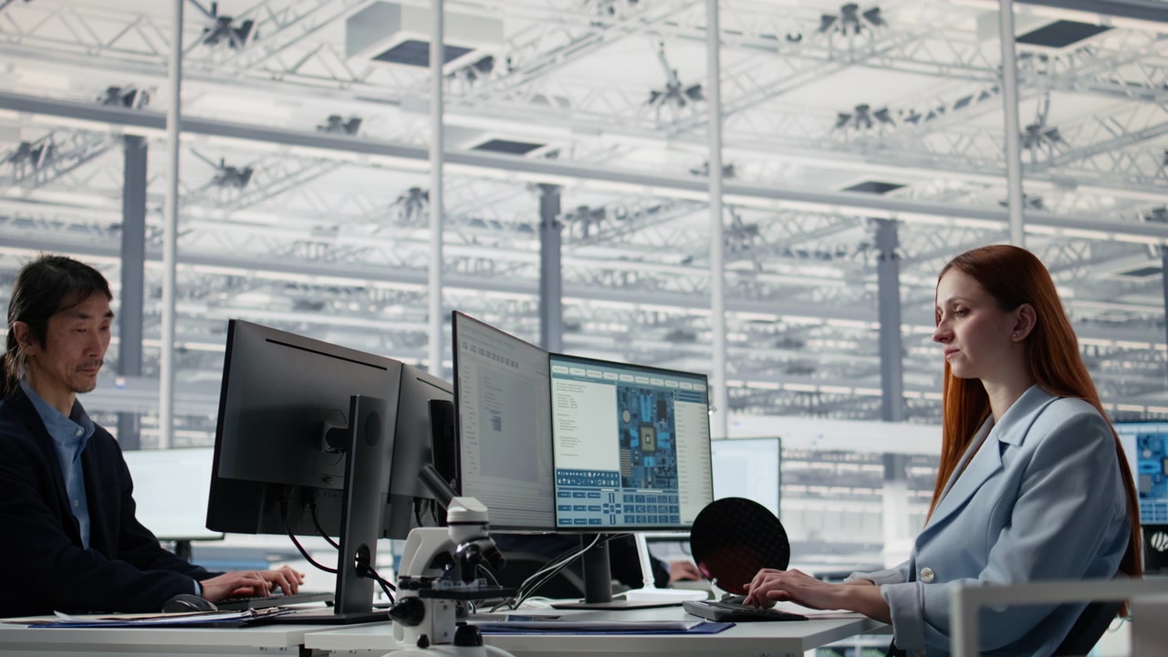 Man and woman review microchip production operations inside factory