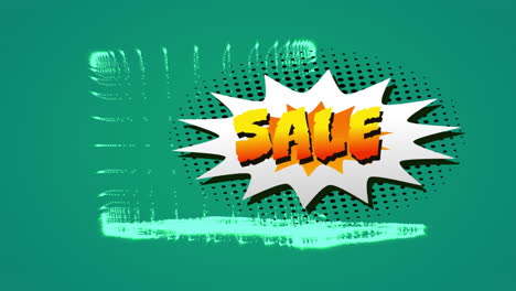 sale text over retro speech bubble against 3d laptop model spinning on green background