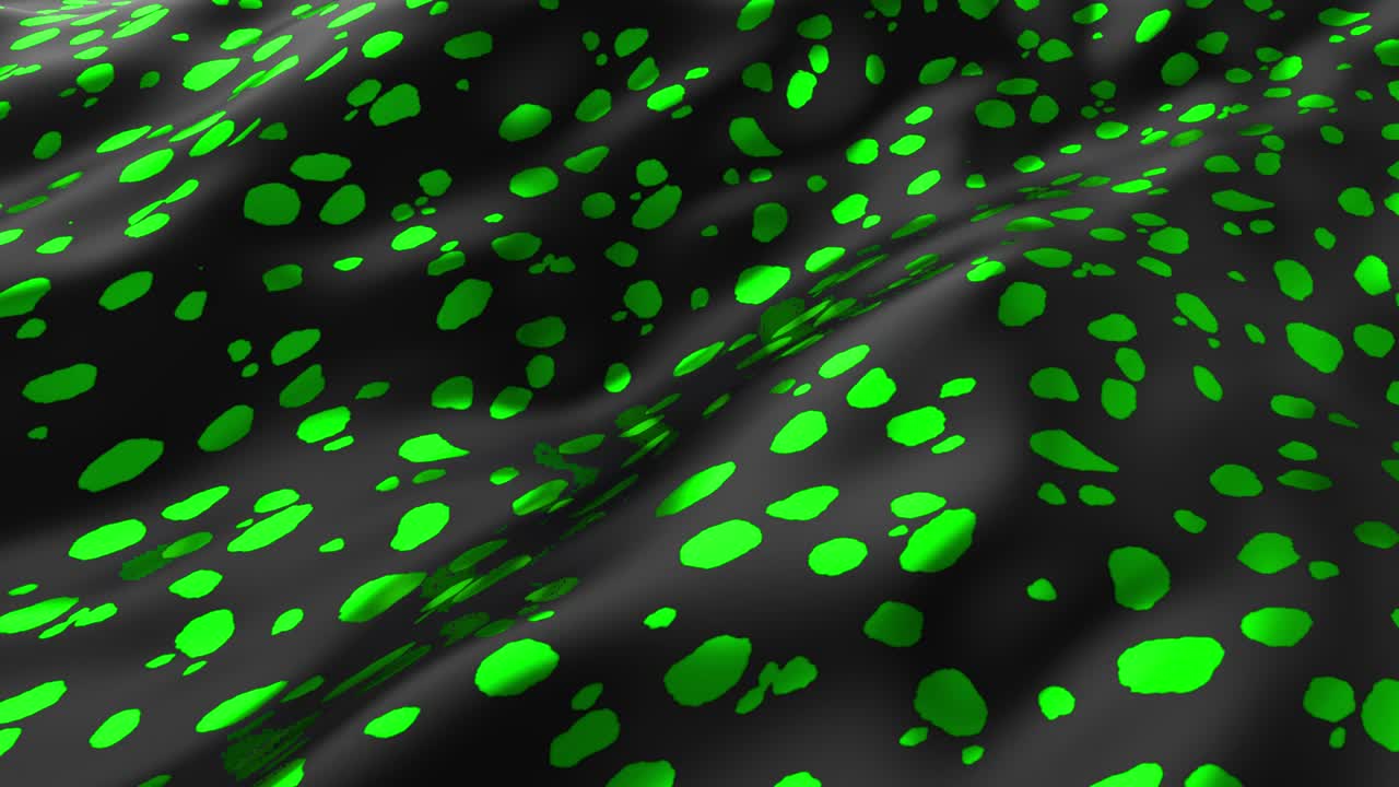 Abstract smooth surface with ripples. Cloth with waves. Green pattern of dots spots on a black canvas. Fashion luxury textile.For advertising, poster, branding, web. 3D animation of seamless loop. 4K