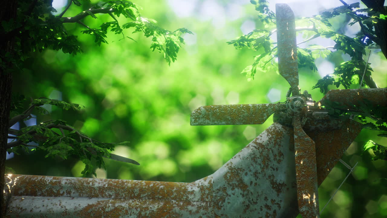 Rusty helicopter nestled among lush green foliage in a tranquil forest