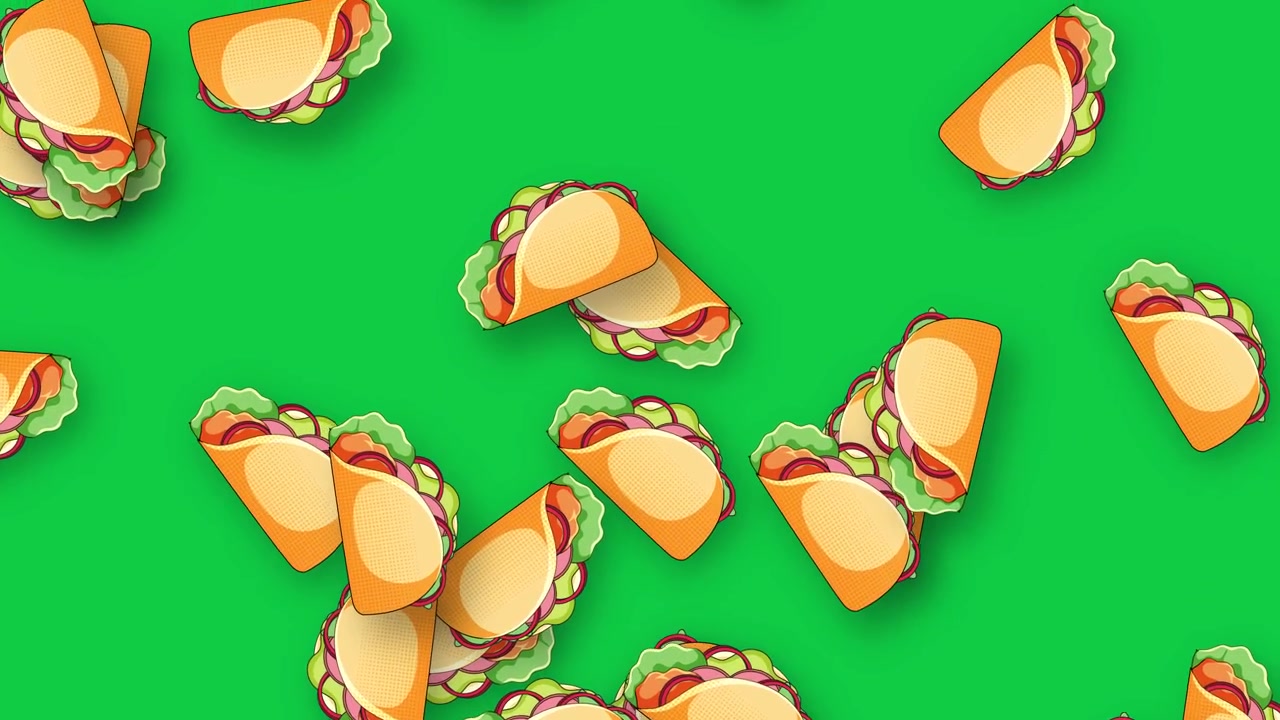 Tacos ilustrados estilizados caindo verticalmente contra uma tela verde vibrante com sombras suaves