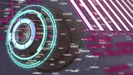 animación de un globo iluminado con gráfico, radar y lenguaje de programación sobre un fondo abstracto