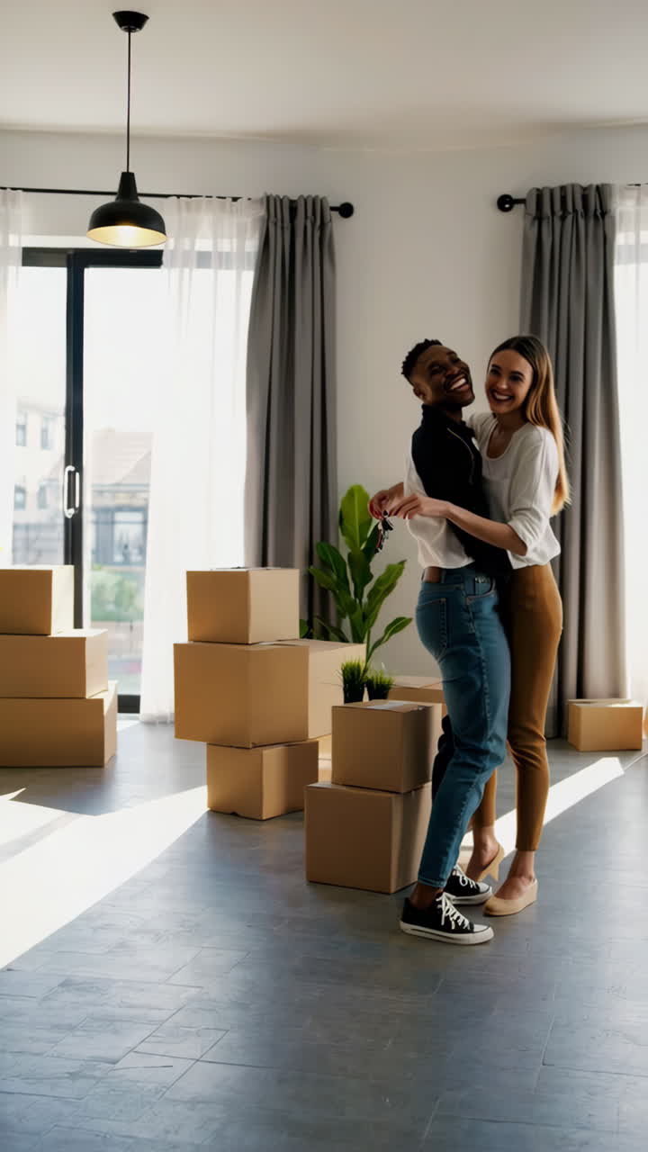 Happy Couple Embracing in Their New Home Surrounded by Moving Boxes