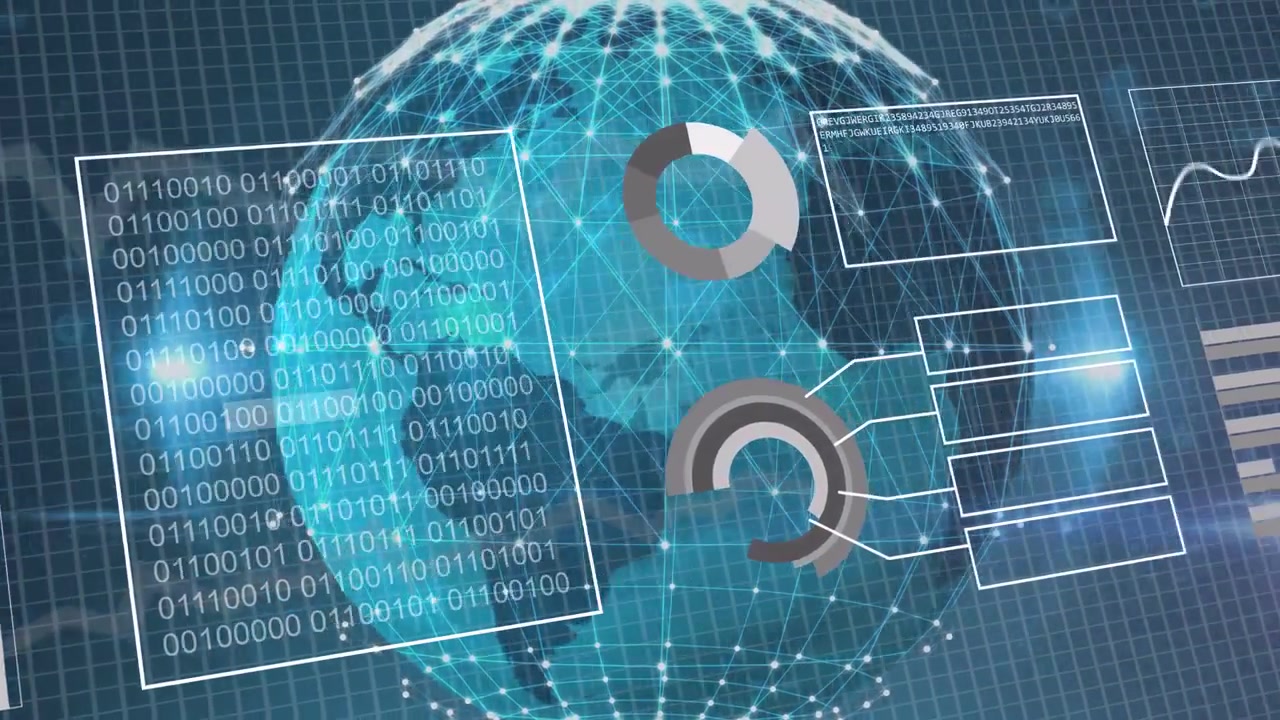 Data panels appearing initiating rotating globe pulsing while charts growing, visualizing analytics