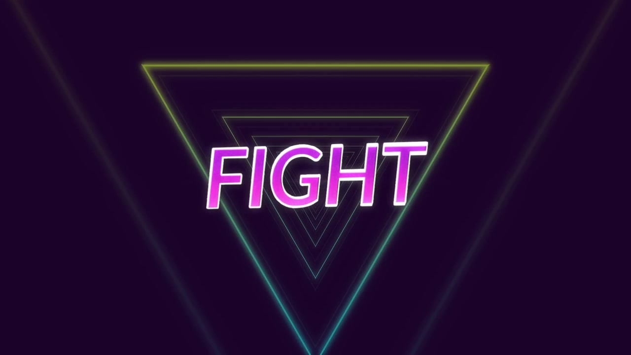 Animation of fight text over colorful moving geometrical shapes on dark background
