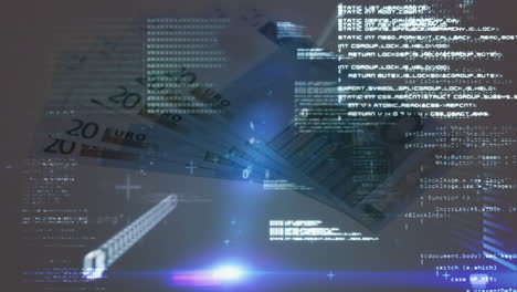 animation of data processing and blue light spots against euro bills falling on grey surface