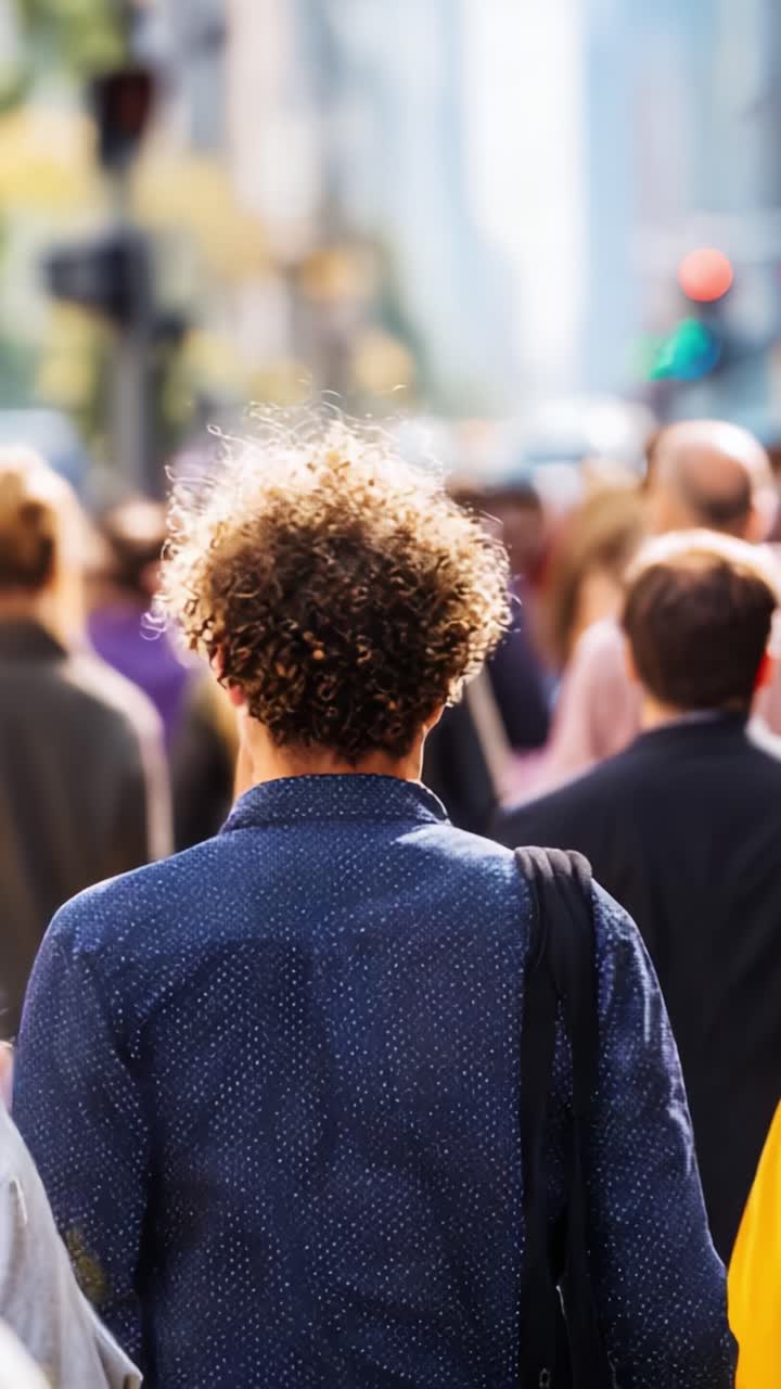 Scena di strada affollata: una vista dei pedoni da dietro, che mette in risalto persone diverse e la vivace vita urbana in un ambiente dinamico