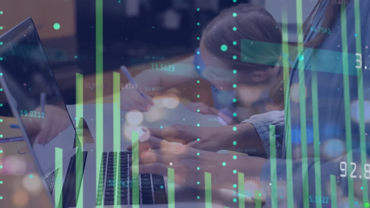 Animation of financial data processing over businesswoman using laptop