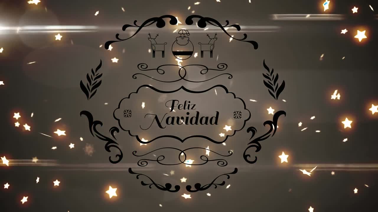 Gri arka plan üzerinde süzülen çok sayıda parlayan yıldızlar eşliğinde Feliz Navidad yazılı afişi.