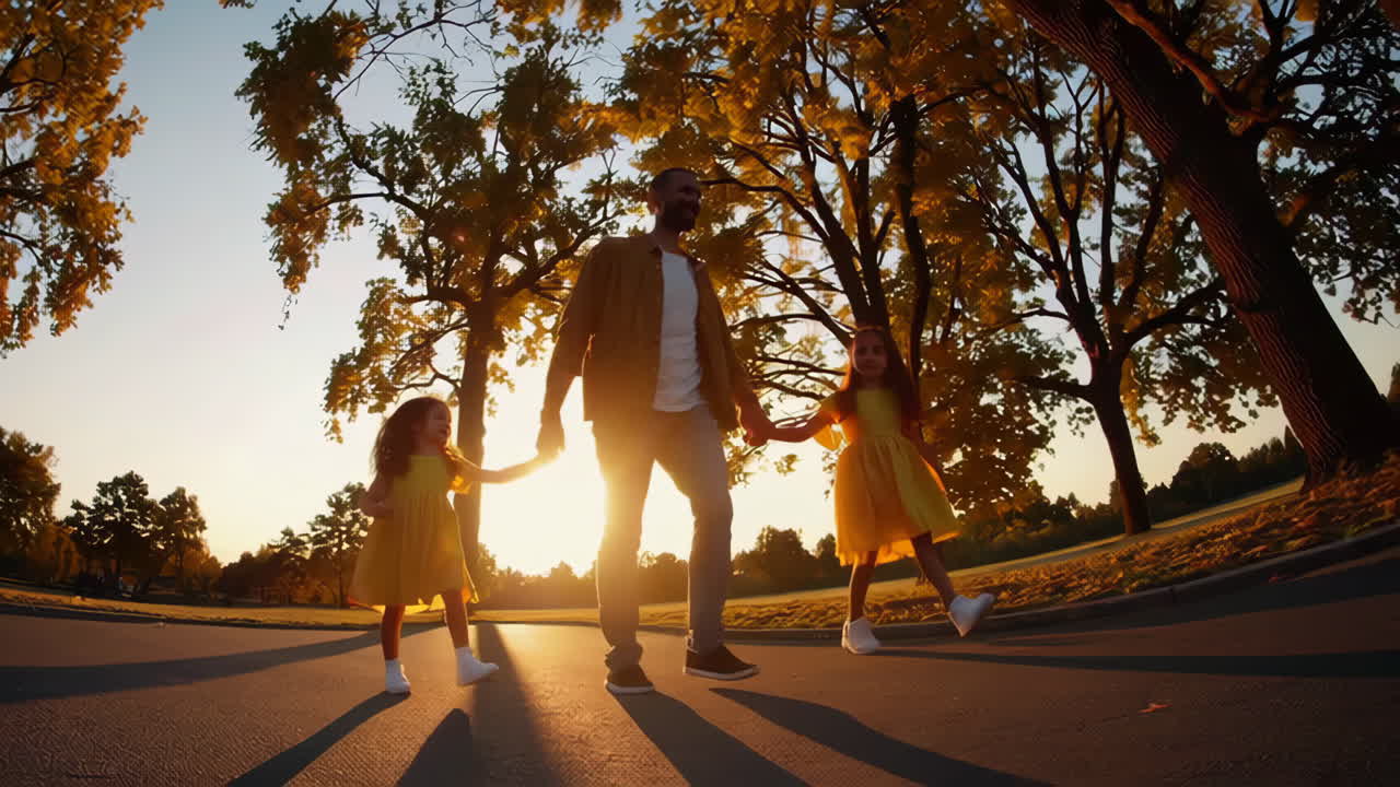 Father and Daughters Walking Hand-in-Hand in a Park at Sunset