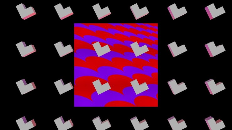 Animation of red square with purple waves over 3d shapes on black background