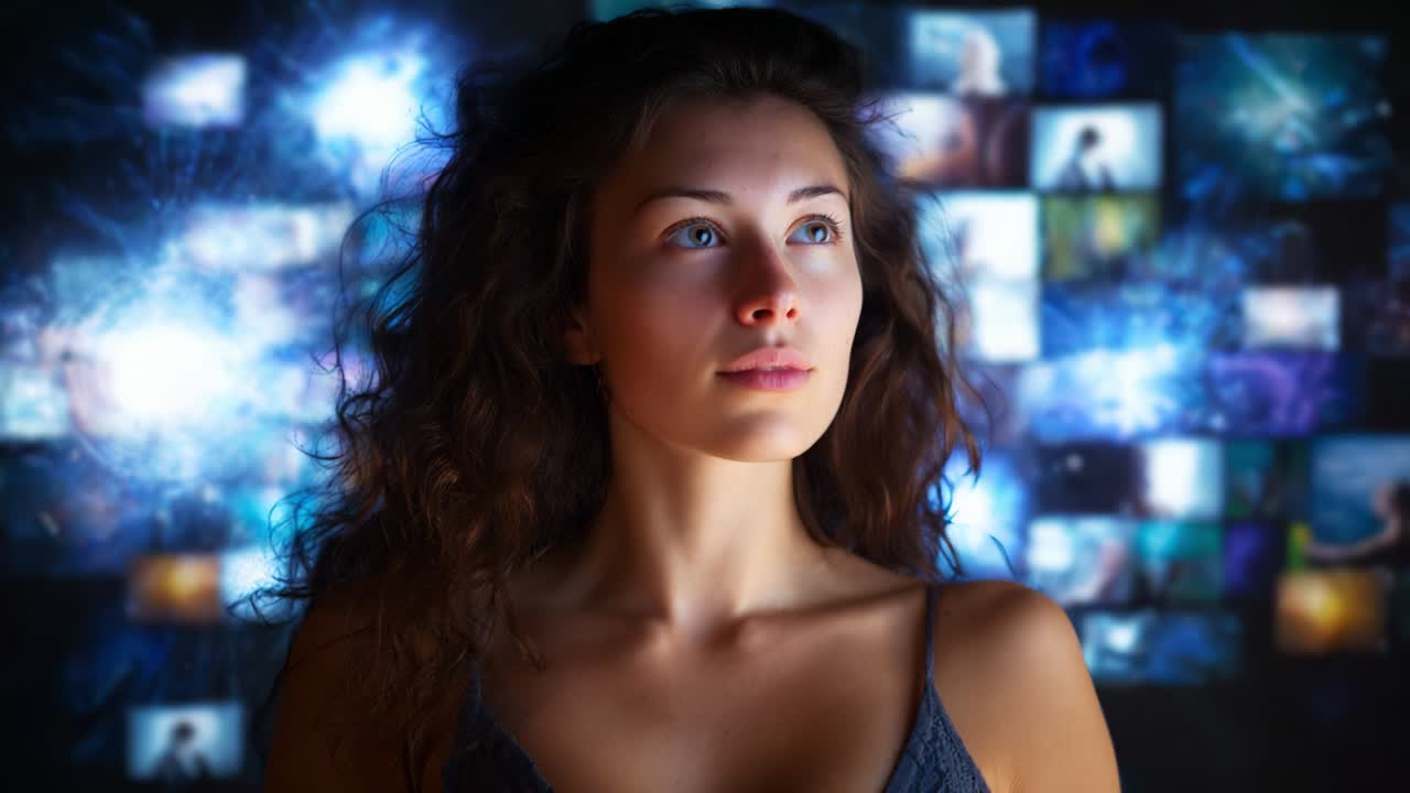 A Captivating Portrait of a Young Woman with Curly Hair Against a Vivid Background of Abstract Visuals and Digital Imagery, Evoking a Sense of Wonder and Exploration in the Realm of Creativity