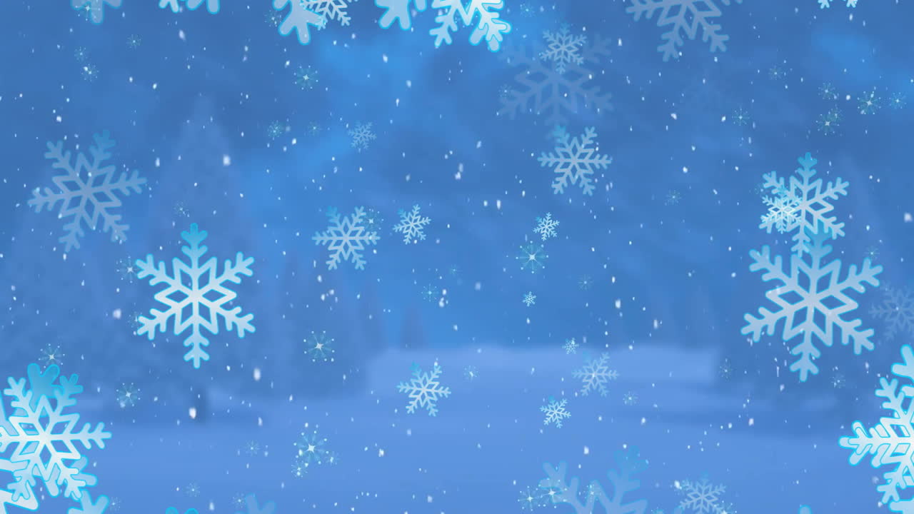 Animation of snow falling over winter scenery in blue background