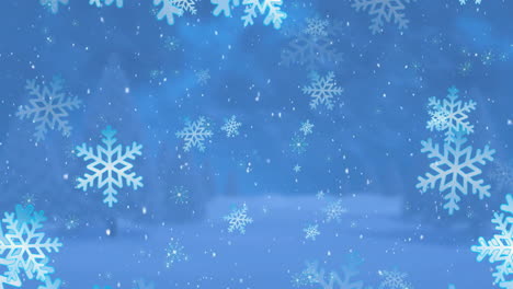 animation of snow falling over winter scenery in blue background