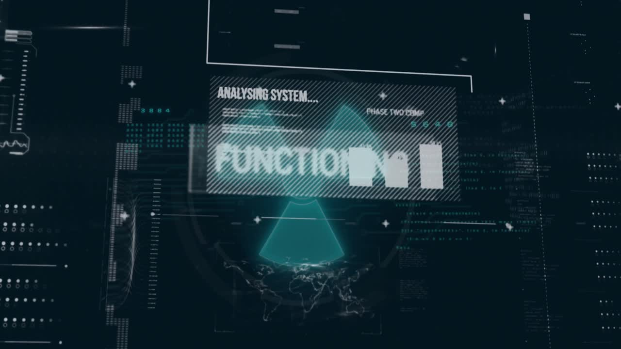Animation of texts, graphs and computer language over radiation warning symbol on black background