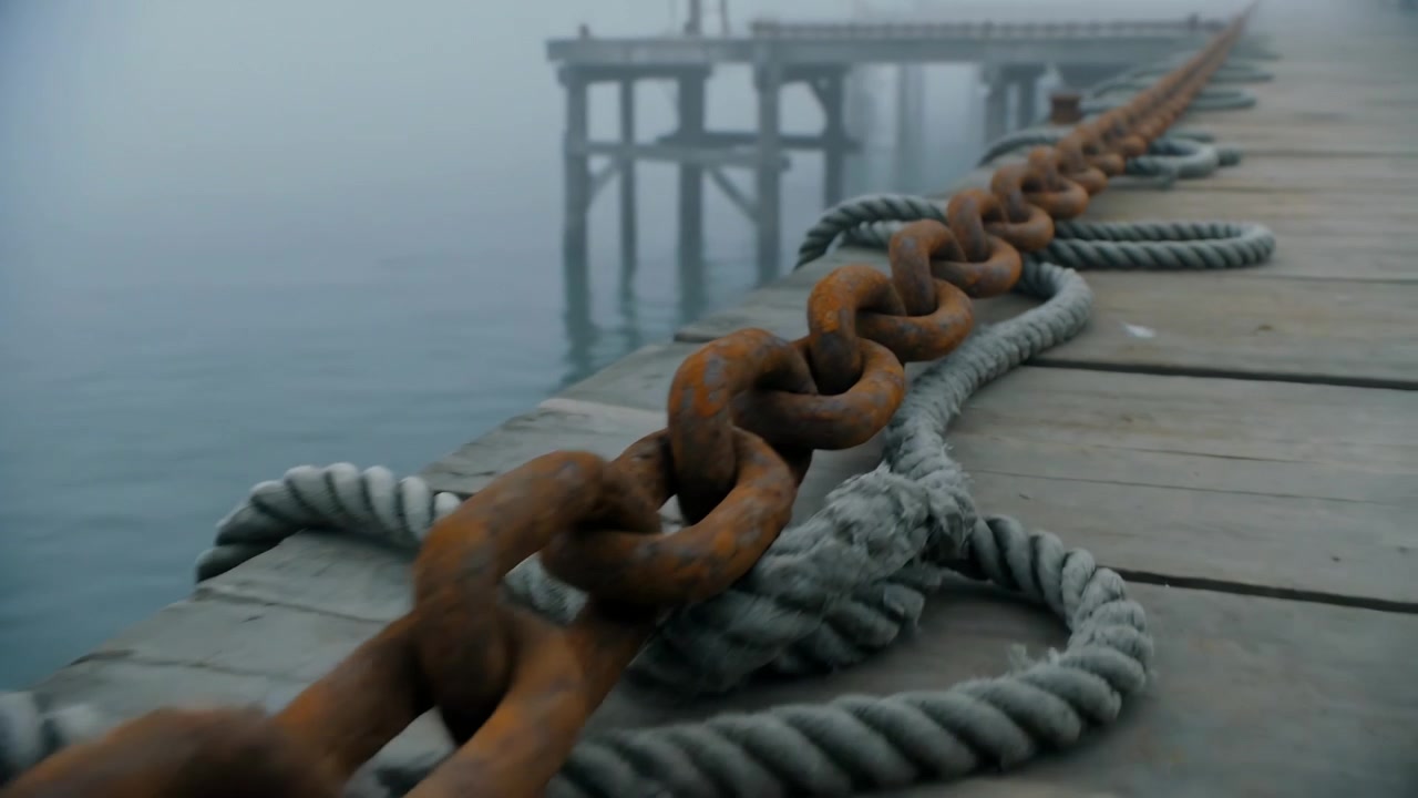 Telecamera che si allontana mostrando una catena di ormeggio arrugginita lungo il molo con una cima avvolta, rivelando la nebbia.