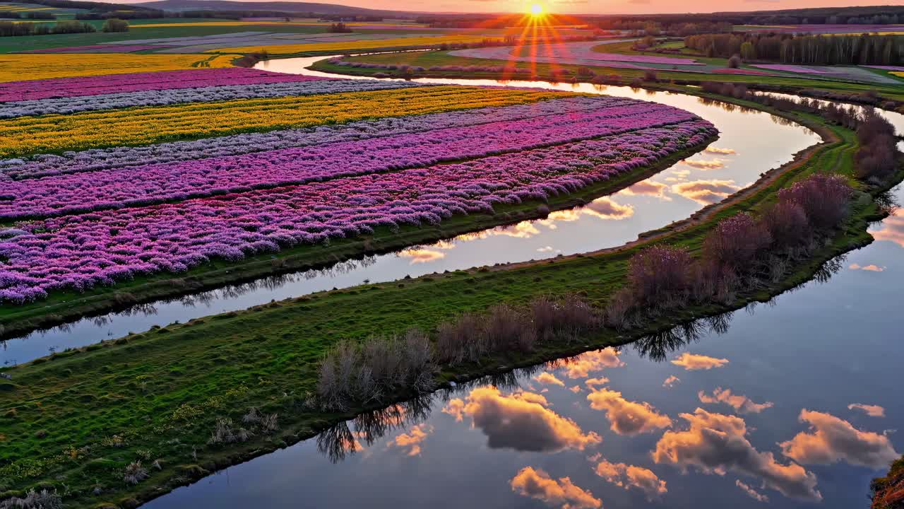 La vidéo capture des champs de fleurs vibrants au coucher du soleil, se reflétant dans une rivière sinueuse.