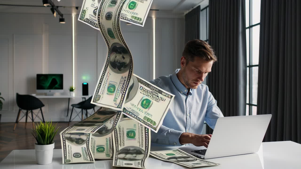 Businessman Working at Laptop with Money