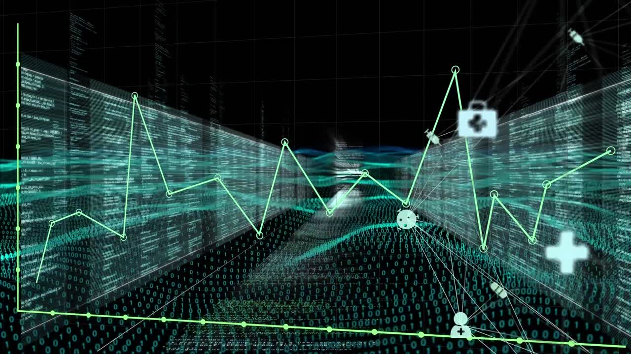 Animation of globe of digital icons and graph against digital wave and screens with data processing