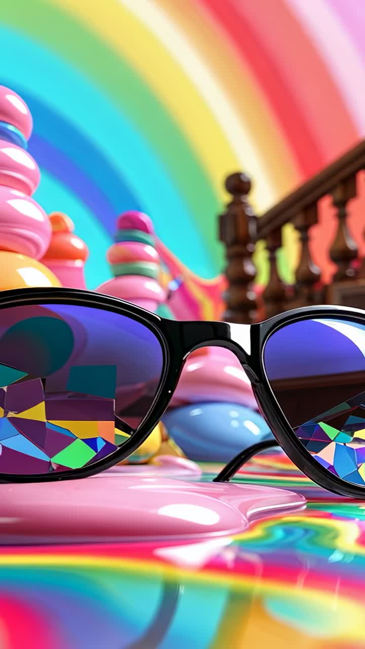 Vertical video: Presenting sunglasses resting on rainbow table in studio featuring pastel sculpture