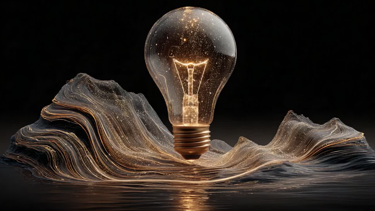 Luminous light bulb with a glowing filament resting on an abstract, undulating golden landscape, symbolizing creativity, innovation, and the flow of bright ideas on a dark background