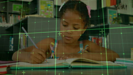 girl writing at study table in classroom, with animated notebook icons and colorful books