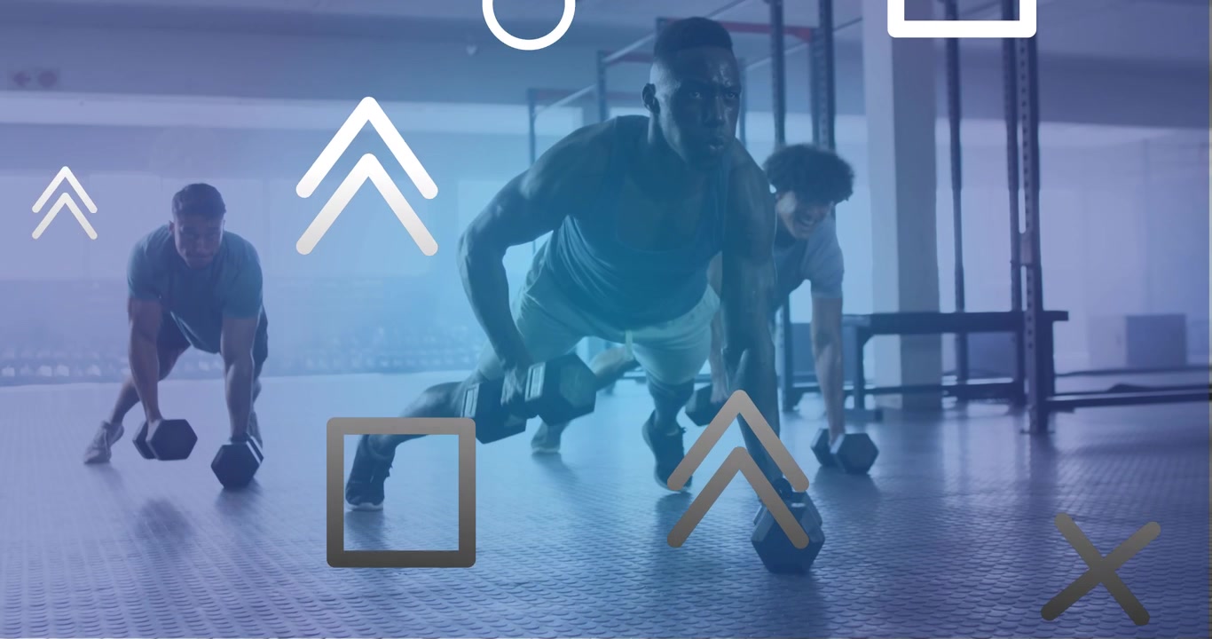 Center athlete initiating dumbbell renegade rows as partners performing fitness with shape overlay
