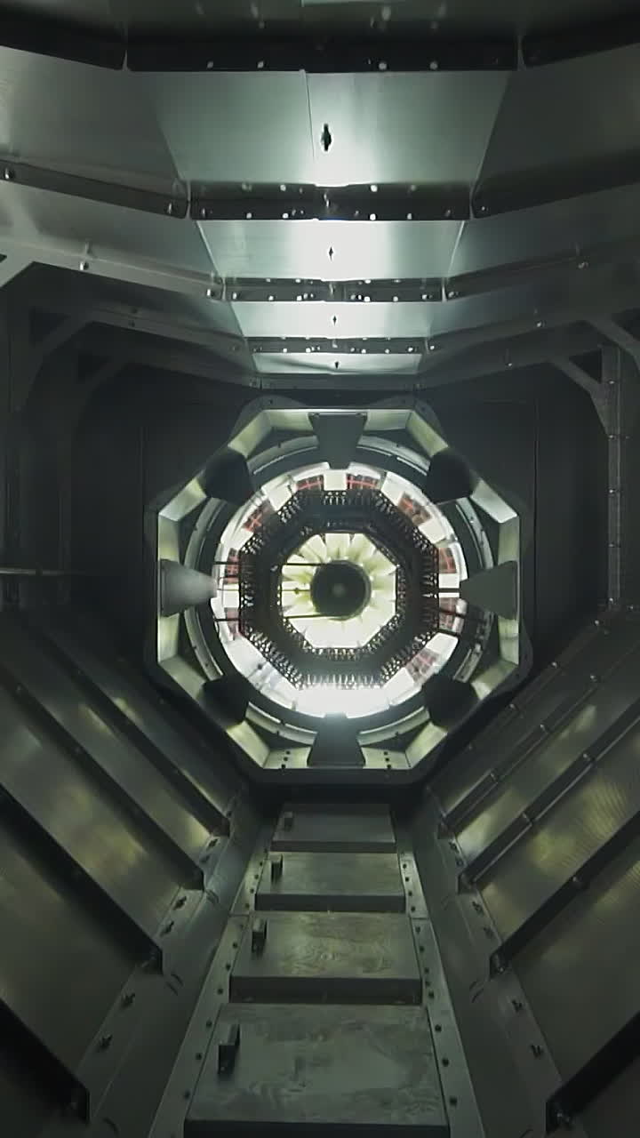 Long metal pipe and working fan at air conditioning system closeup. Inner view of materials drying equipment installed at modern plant. Empty tunnel