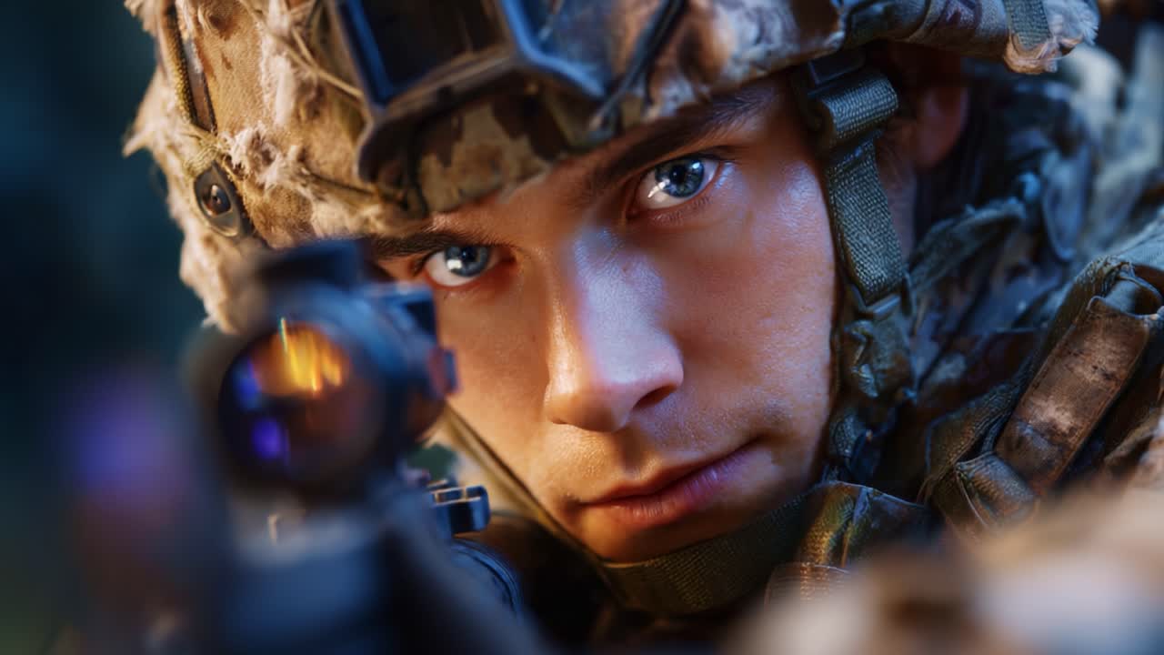 Intense Soldier Focused on Target with Precision Aim, Displaying Determination and Readiness in a Critical Combat Situation