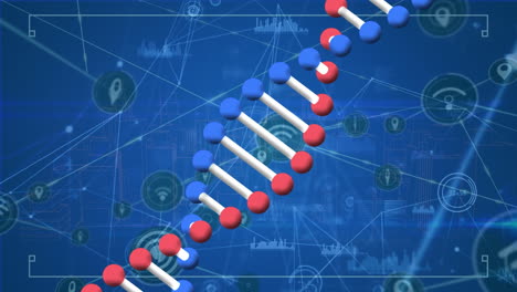 animation of spinning dna structure and network of digital icons against spinning 3d city model