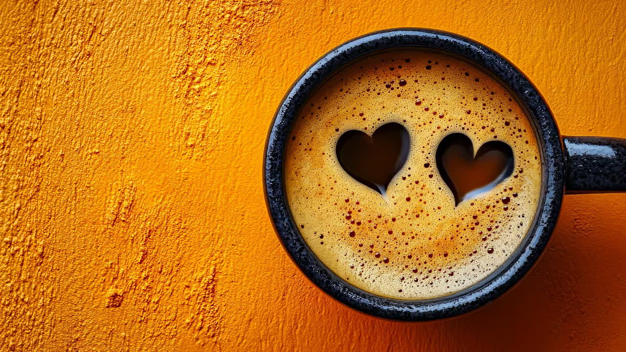 Cup of coffee with heart shapes. A cup of coffee with foam shaped like hearts on an orange background
