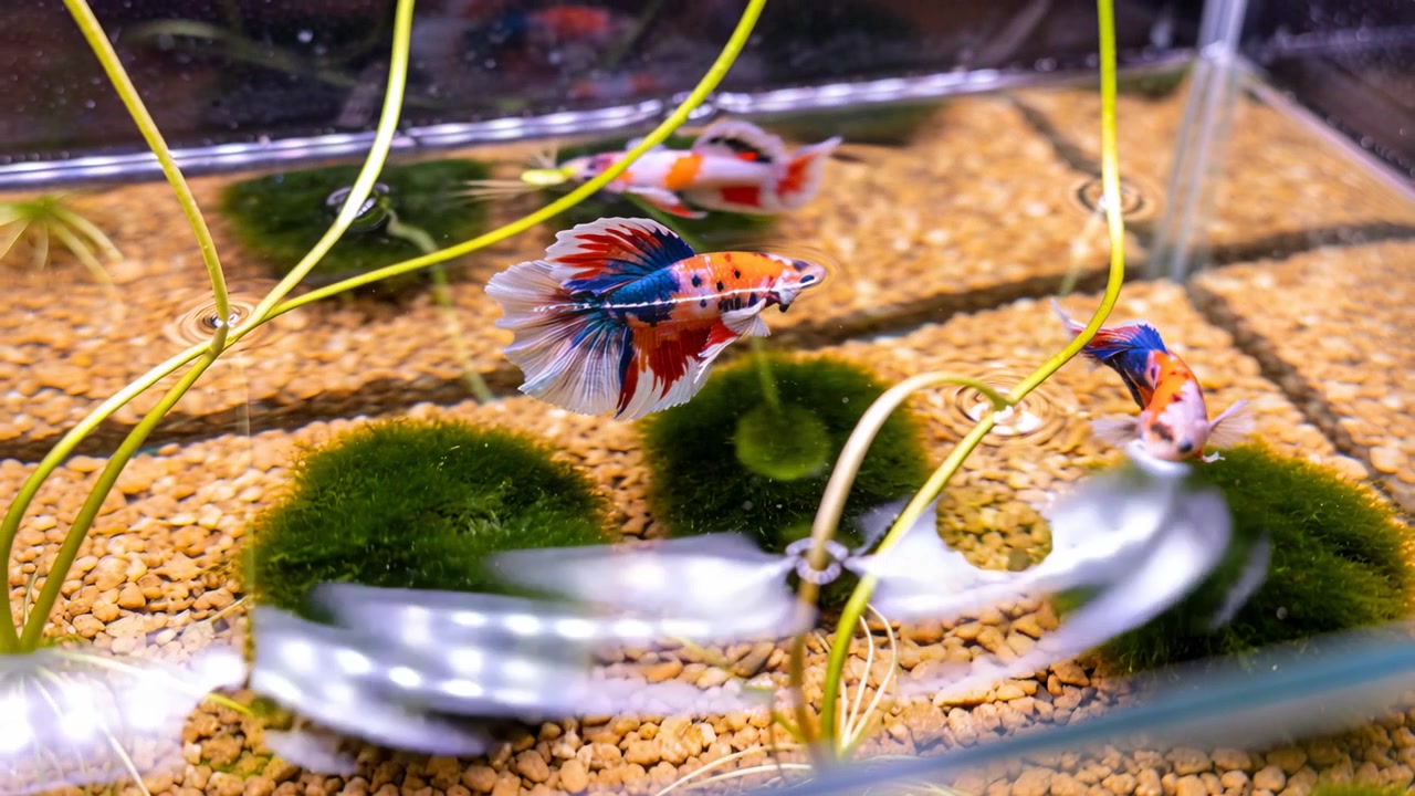Reagerer på LED-refleksion, koi betta bølger og spreder halen i et glastank nær marimo-kugler
